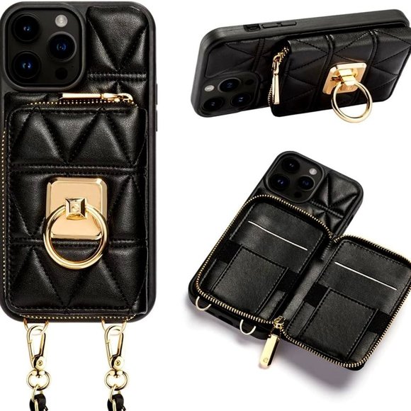 📱 iPhone 14 Pro Case Wallet Card Holder 360 Ring, Stand, Leather, Crossbody NWT - Picture 1 of 6